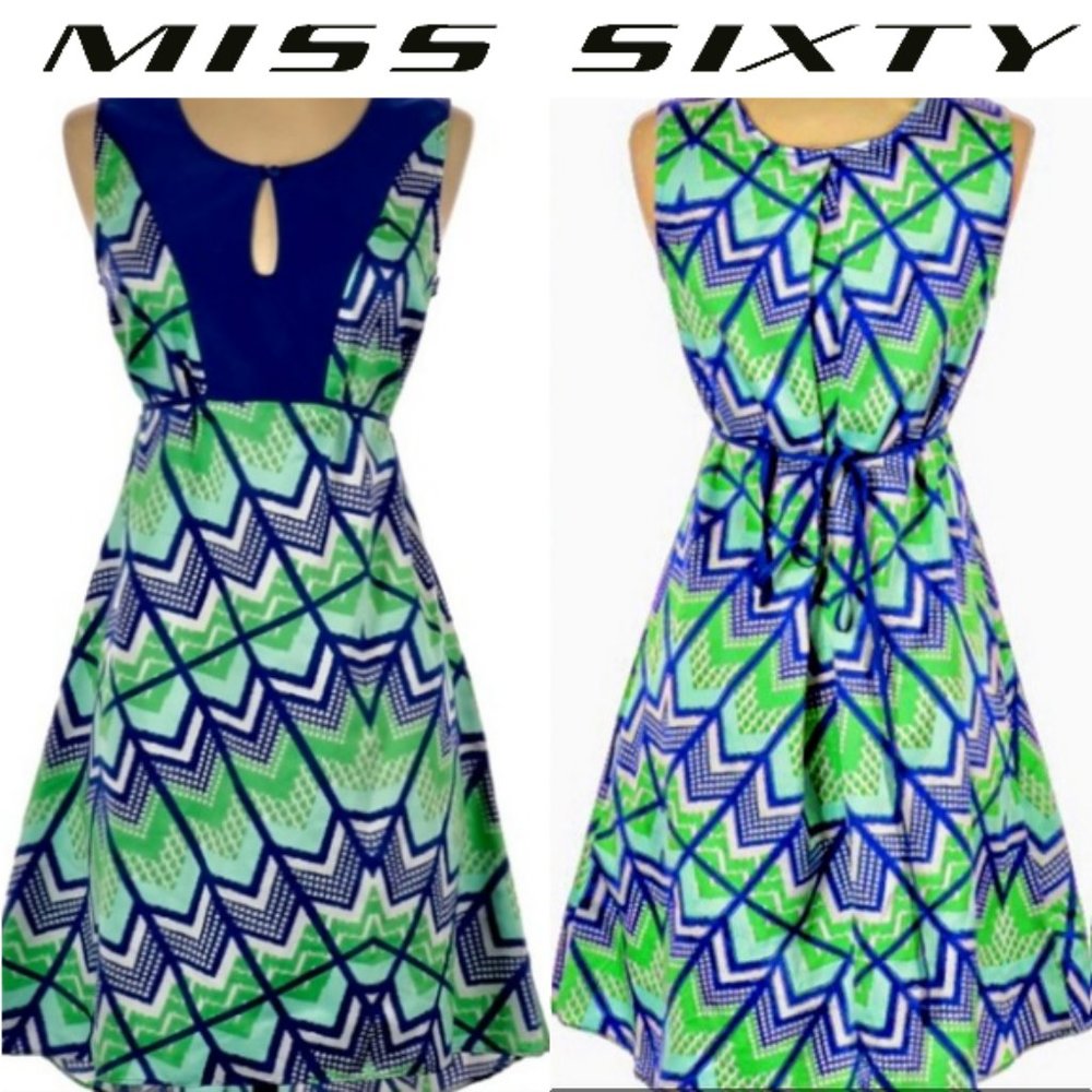 M60 MISS SIXTY Silky Retro Mod Print Empire Dress